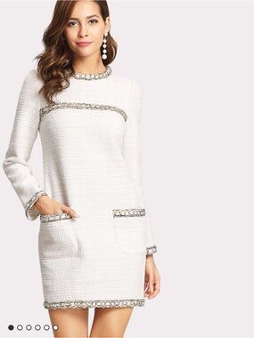 SHEIN White Long Sleeve Tweed Shift Dress with Chain Trim